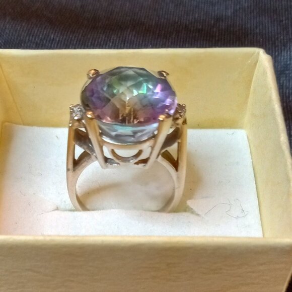 14k White Gold Art Deco Large Mystic Topaz Ring